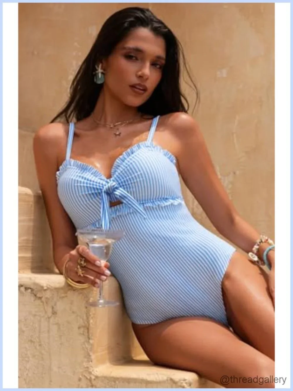Women's One Piece Swimsuit Knotted Front Ruffle Trim Tummy Control Cutout